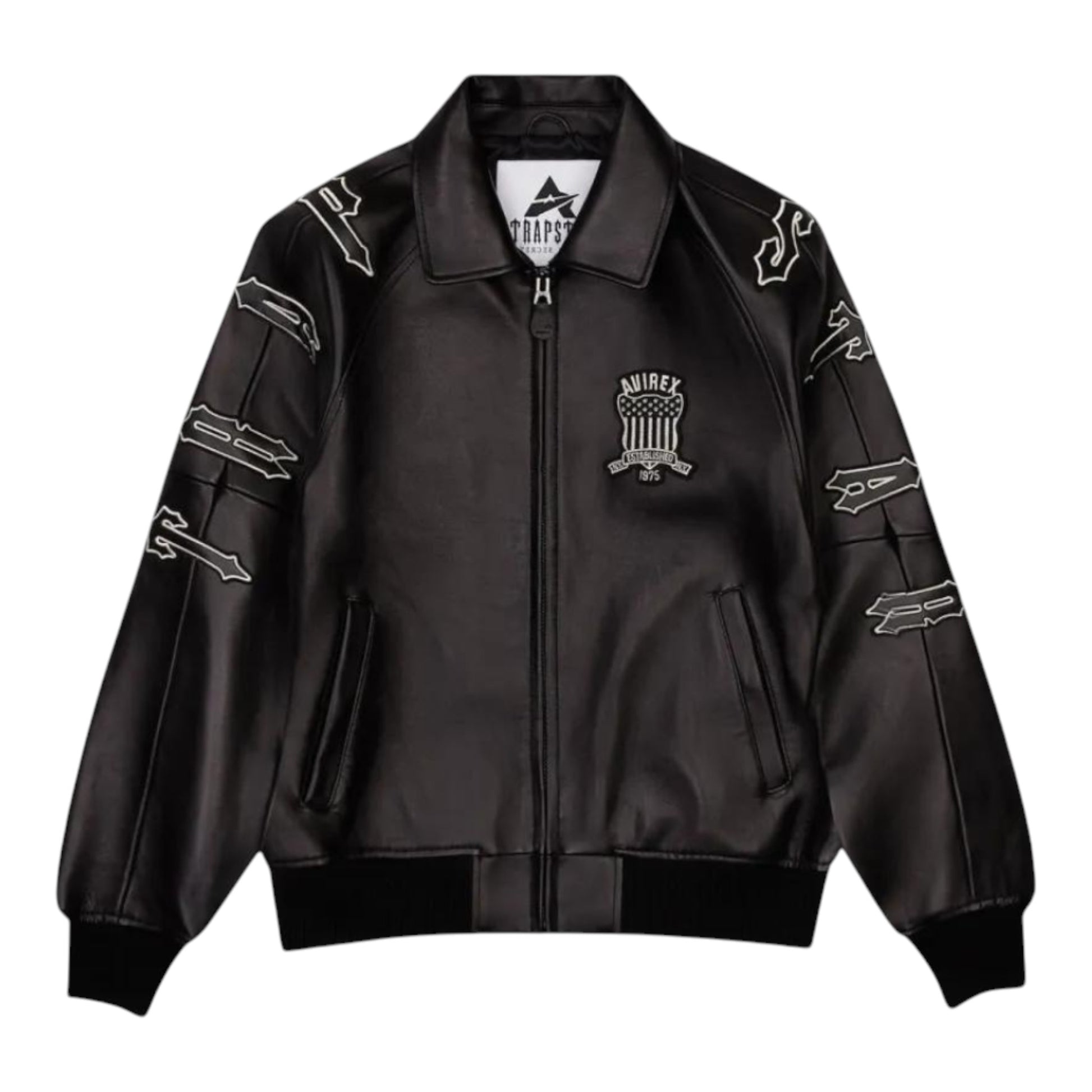 OFFCODE.USA black leather Trapstar X Avirex Icon jacket with embroidered logos on chest and sleeves.