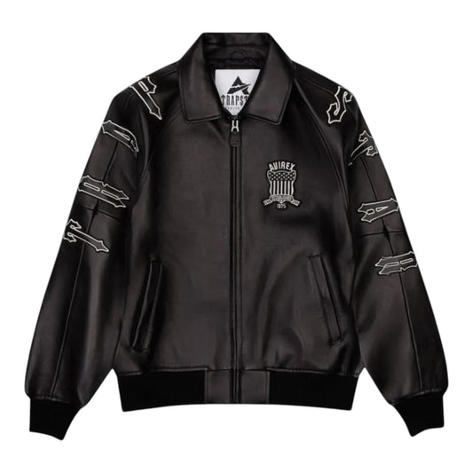 OFFCODE.USA black leather Trapstar X Avirex Icon jacket with embroidered logos on chest and sleeves.