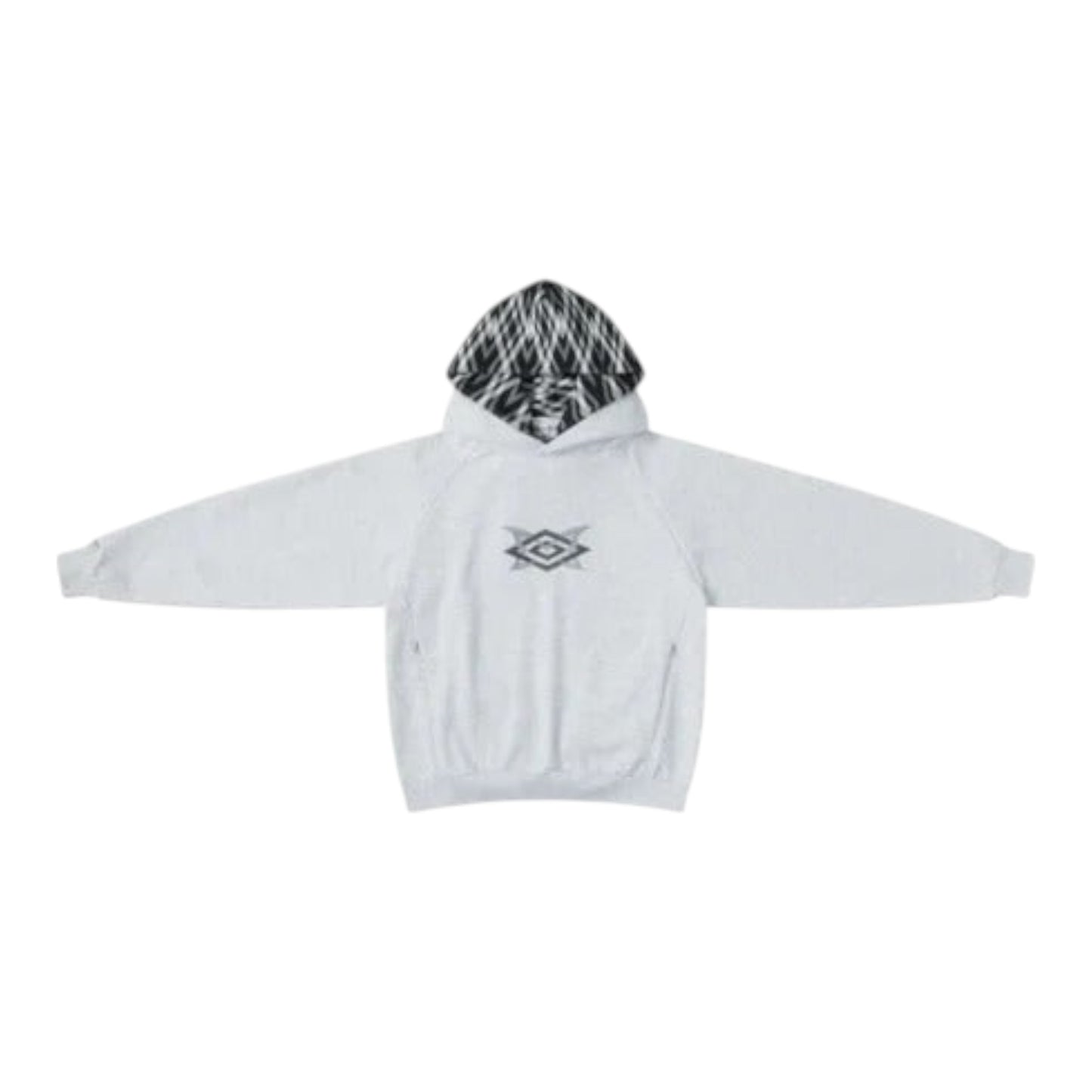 OFFCODE.USA MERTRA x Umbro Warm Up Hoodie in white with a black and white checkered hood lining and a grey embroidered logo.