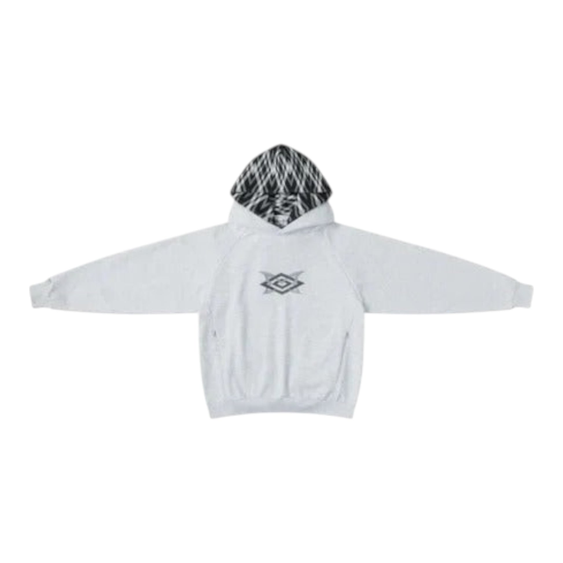 OFFCODE.USA MERTRA x Umbro Warm Up Hoodie in white with a black and white checkered hood lining and a grey embroidered logo.