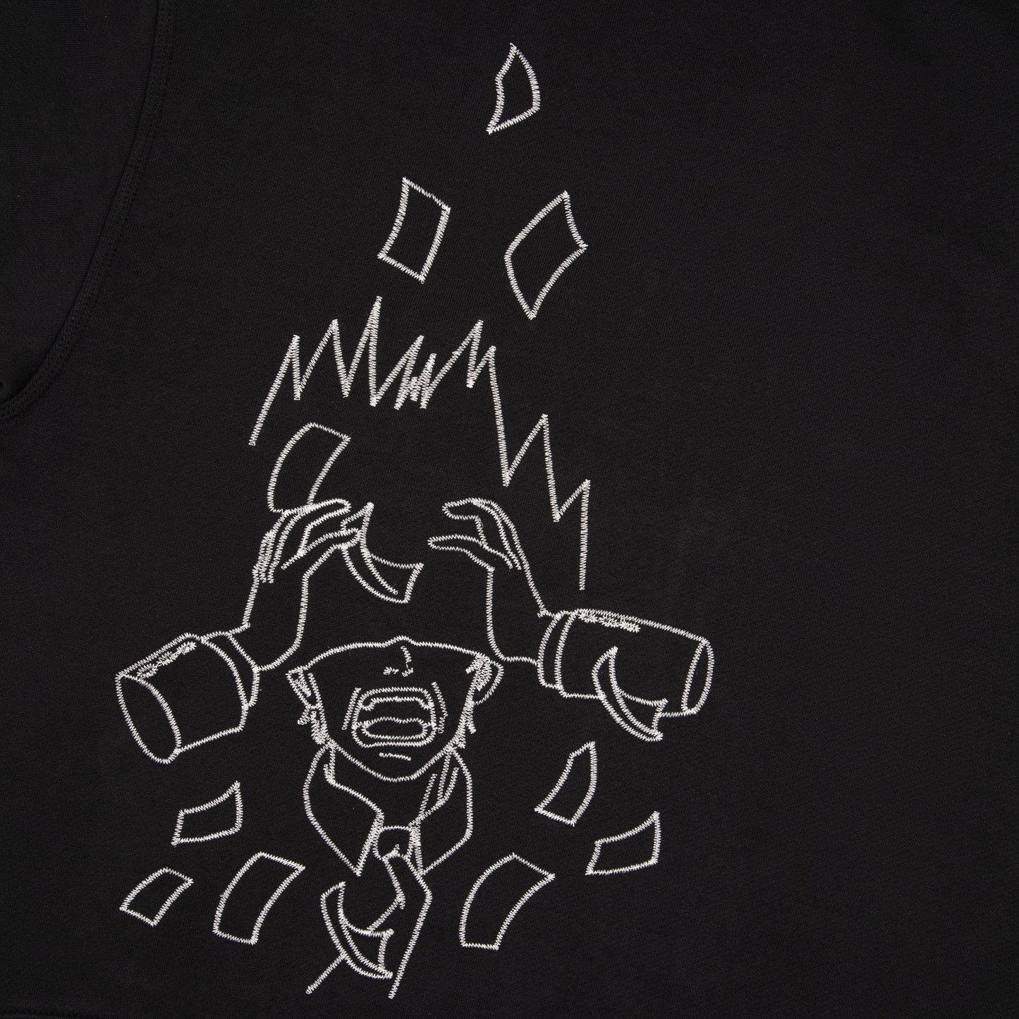 OFFCODE.USA black 100% cotton zip-up hoodie with embroidered distressed figure and falling money graphic.
