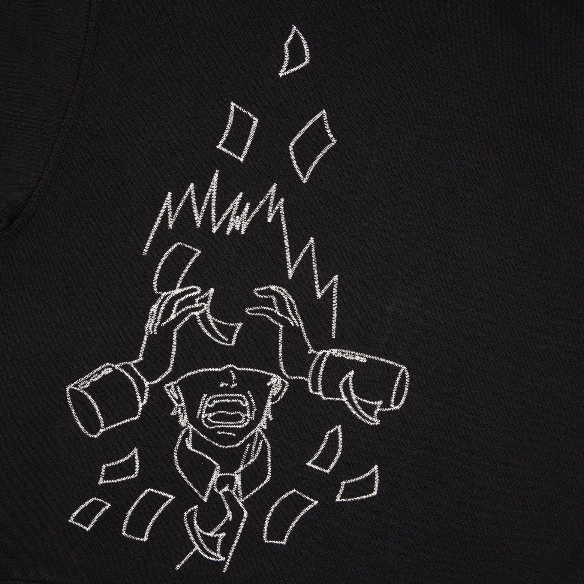 OFFCODE.USA black 100% cotton zip-up hoodie with embroidered distressed figure and falling money graphic.