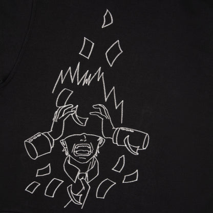 OFFCODE.USA black 100% cotton zip-up hoodie with embroidered distressed figure and falling money graphic.