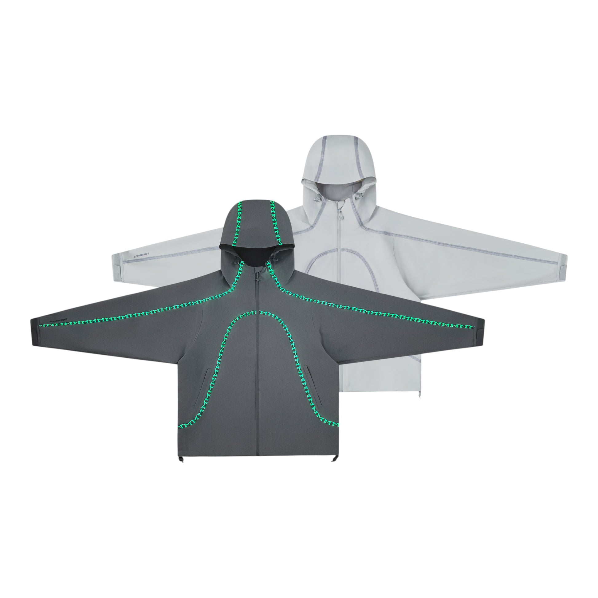 OFFCODE.USA dark grey waterproof polyamide jacket with glow-in-the-dark seam taping and light grey jacket behind.