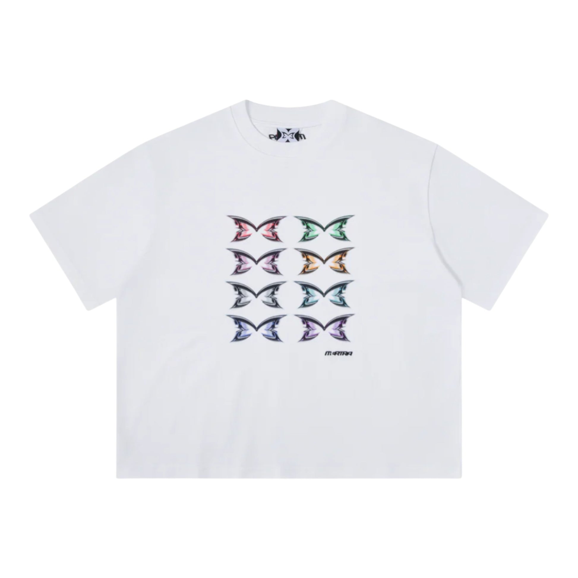 OFFCODE.USA white cotton t-shirt with a graphic print of 8 colorful butterflies in a grid.