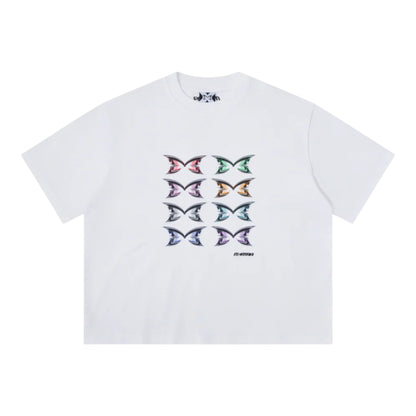 OFFCODE.USA white cotton t-shirt with a graphic print of 8 colorful butterflies in a grid.
