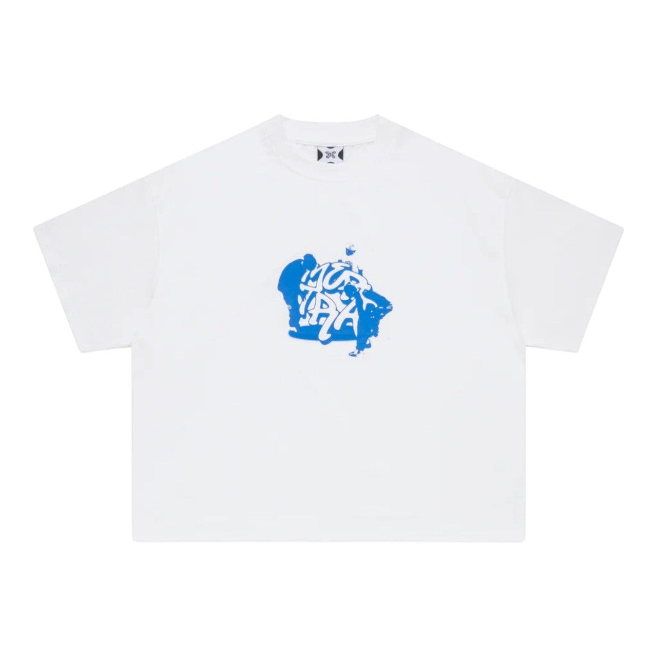 OFFCODE.USA white 100% cotton boxy fit t-shirt with blue screen printed graphic on front