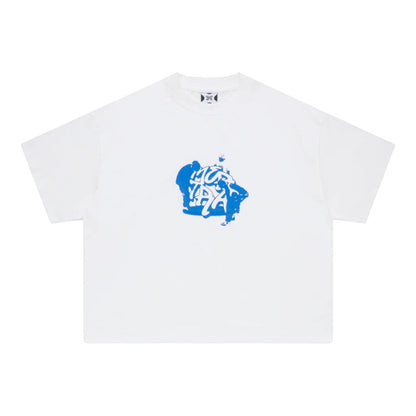 OFFCODE.USA white 100% cotton boxy fit t-shirt with blue screen printed graphic on front