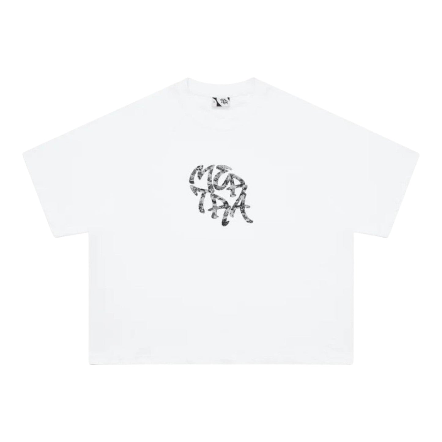 OFFCODE.USA white 100% cotton Glitch Tee with screen printed graphic, boxy and cropped fit.
