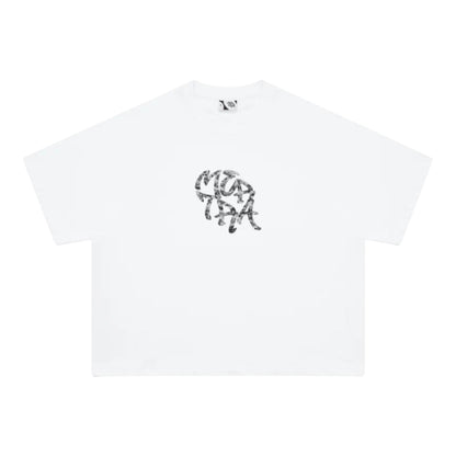 OFFCODE.USA white 100% cotton Glitch Tee with screen printed graphic, boxy and cropped fit.