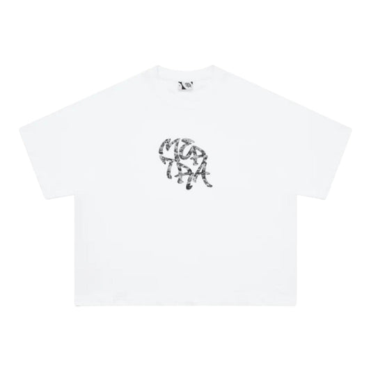 OFFCODE.USA white 100% cotton Glitch Tee with screen printed graphic, boxy and cropped fit.