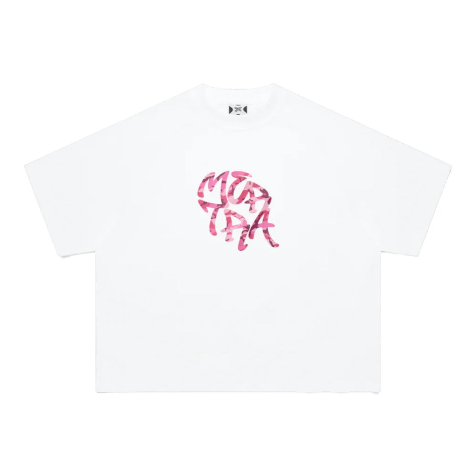 OFFCODE.USA white 100% cotton Glitch Tee with screen printed pink graphic, boxy and cropped fit.