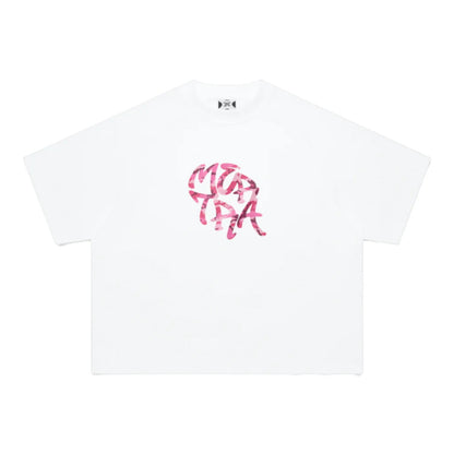 OFFCODE.USA white 100% cotton Glitch Tee with screen printed pink graphic, boxy and cropped fit.