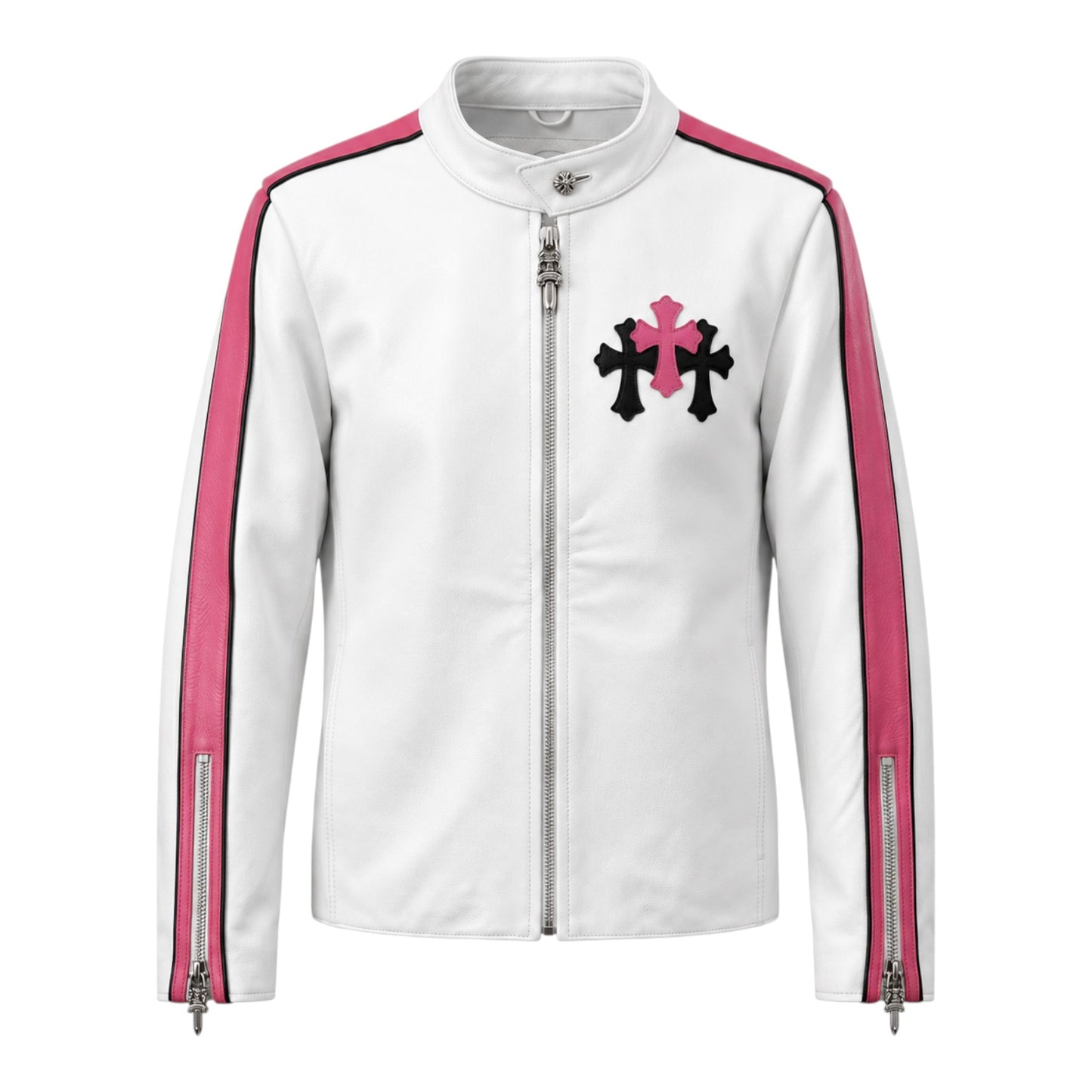 OFFCODE.USA white leather motorcycle jacket with pink side stripes and black and pink cross chest embroidery