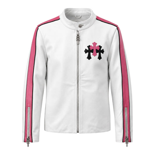 Chrome Hearts White & Pink Cross Leather Patch Single Riders Jacket, front view