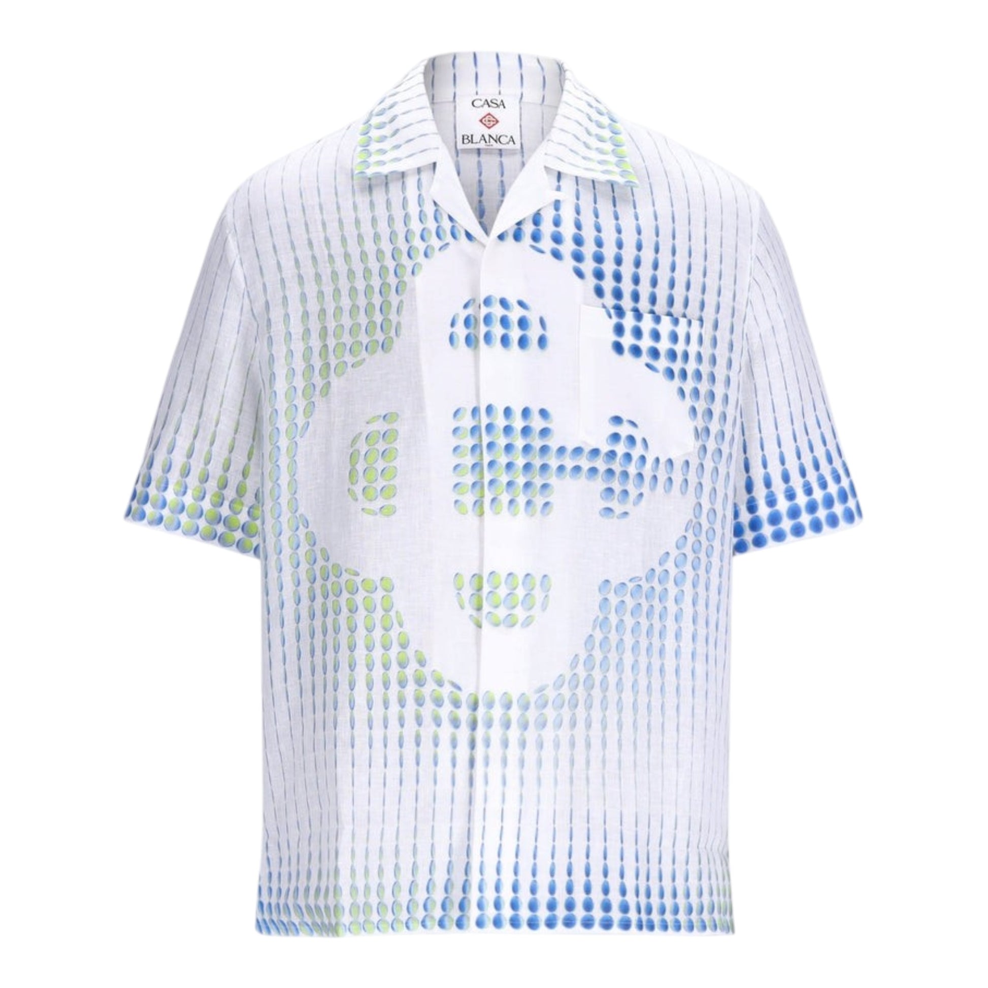 OFFCODE.USA white linen short sleeve shirt with blue and green dot print and Cuban collar.