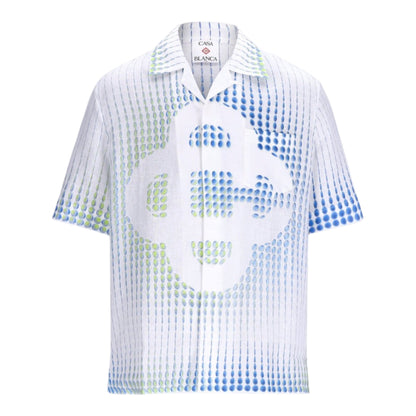 OFFCODE.USA white linen short sleeve shirt with blue and green dot print and Cuban collar.