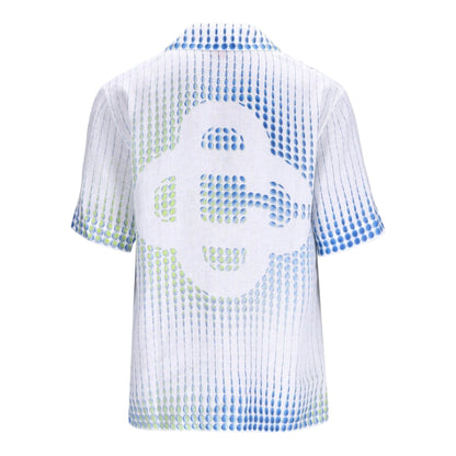 OFFCODE.USA white linen short sleeve shirt with multicolour dot print and Cuban collar.
