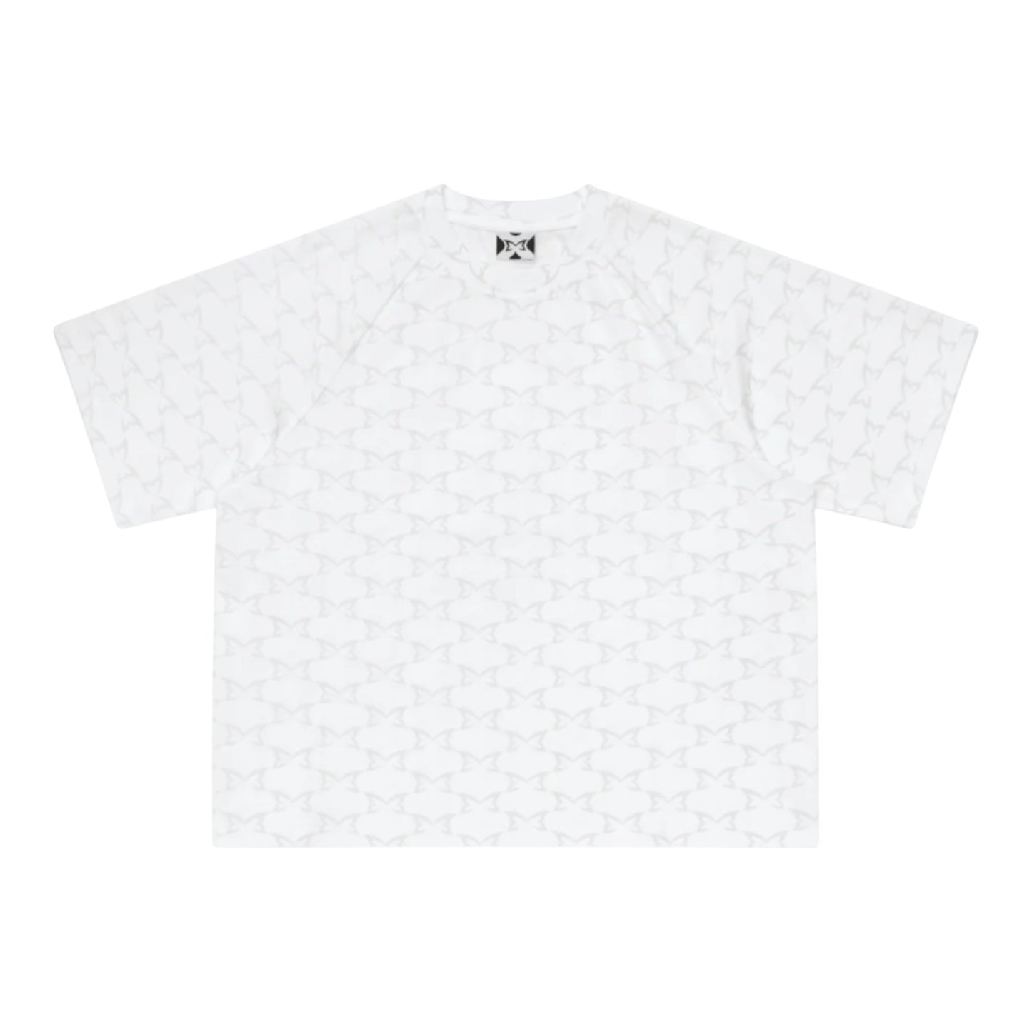 OFFCODE.USA white 100% cotton monogram tee with boxy fit and embroidered graphic on back.