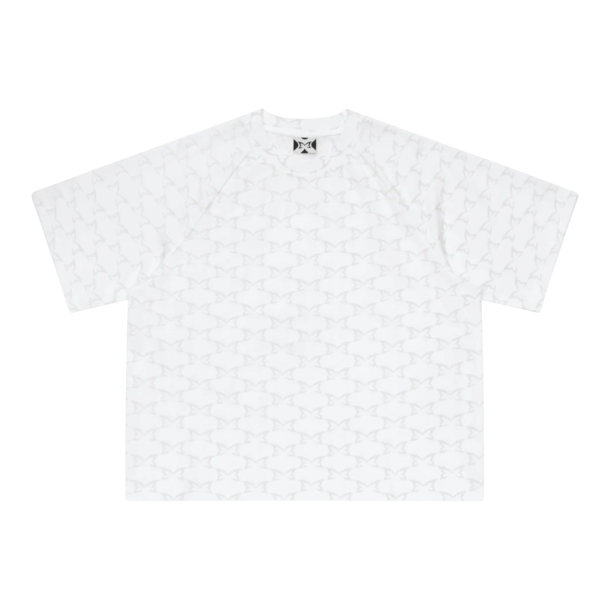 OFFCODE.USA white 100% cotton monogram tee with boxy fit and embroidered graphic on back.