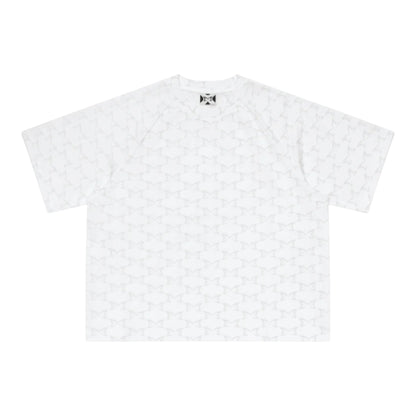 OFFCODE.USA white 100% cotton monogram tee with boxy fit and embroidered graphic on back.