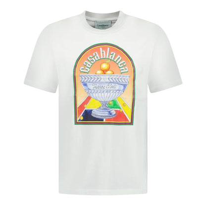 OFFCODE.USA white cotton t-shirt with 'Terrain d'Orange' graphic print featuring a trophy with oranges and 'Tennis Club' text.