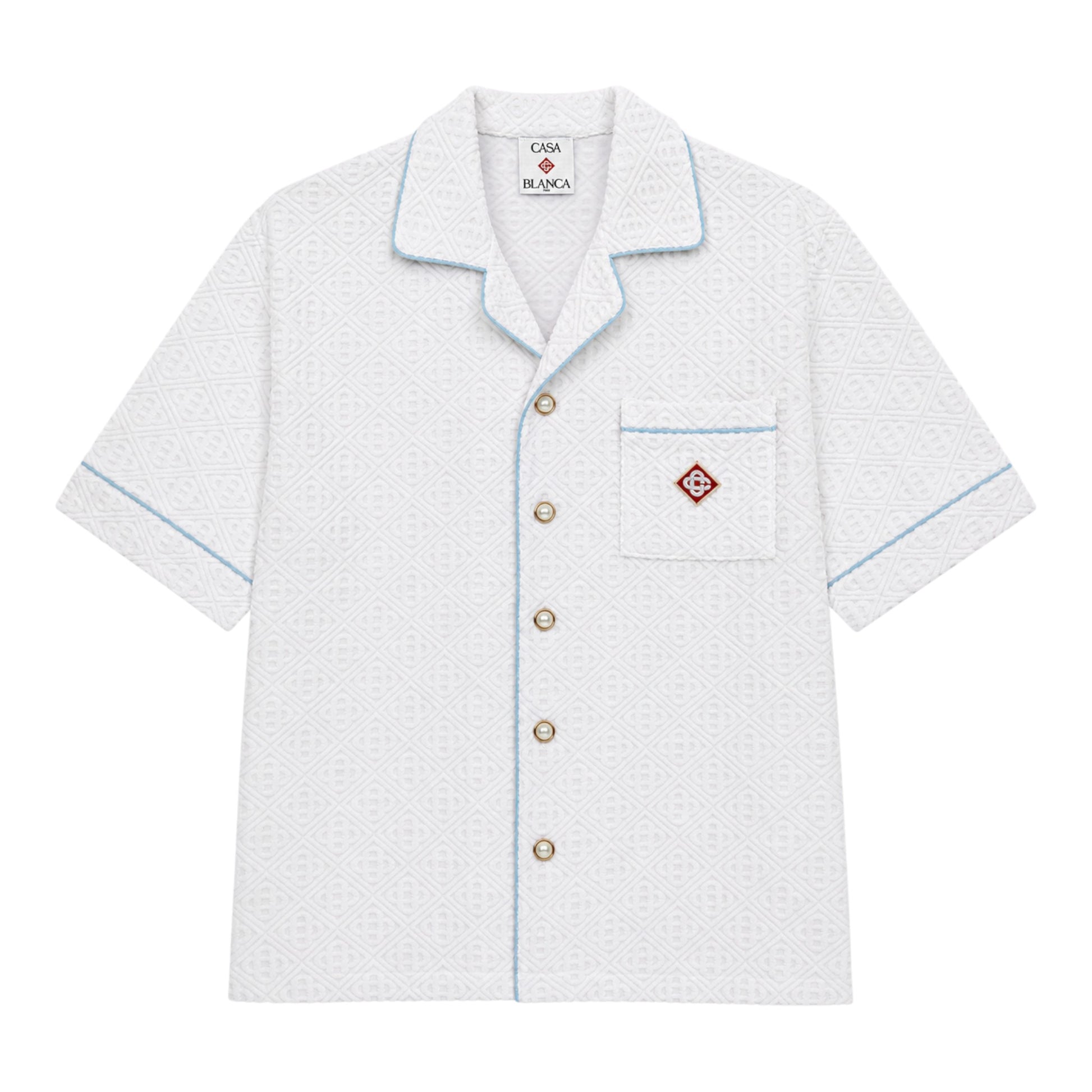 OFFCODE.USA White towelling short sleeve shirt with blue piping and embroidered monogram detail on chest pocket.