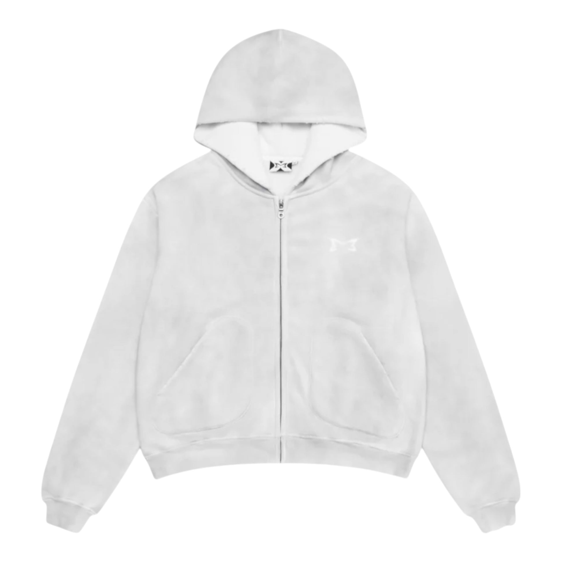 OFFCODE.USA white zip-up hoodie with embroidered logo on chest and front pockets.
