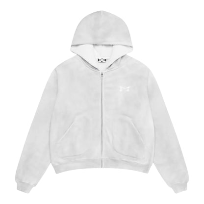 OFFCODE.USA white zip-up hoodie with embroidered logo on chest and front pockets.