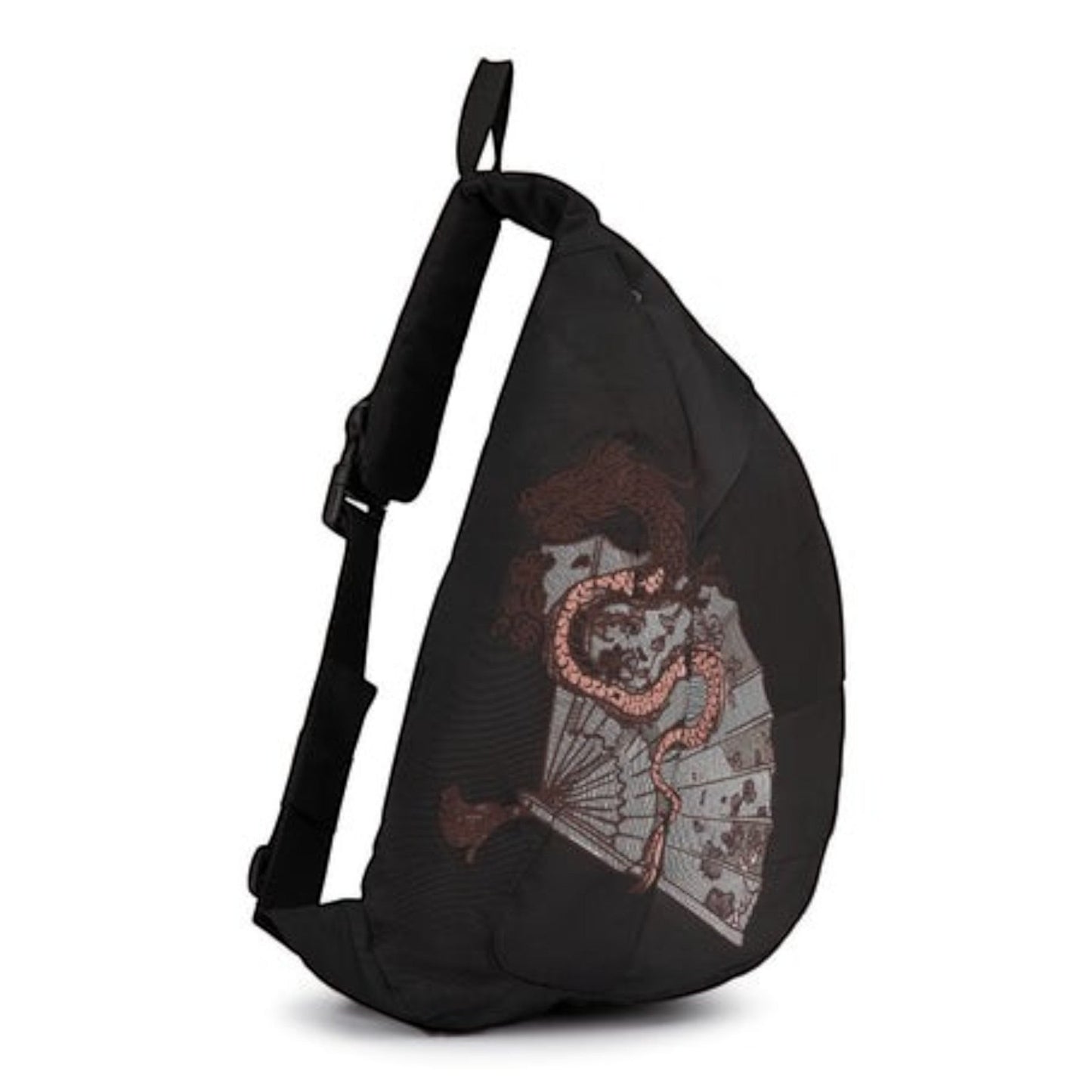 OFFCODE.USA yakuza black canvas sling bag featuring a dragon and fan embroidery, adjustable strap, and zip pockets.