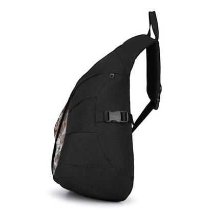 OFFCODE.USA yakuza black canvas sling bag with adjustable buckle strap and front embroidery detail, side view