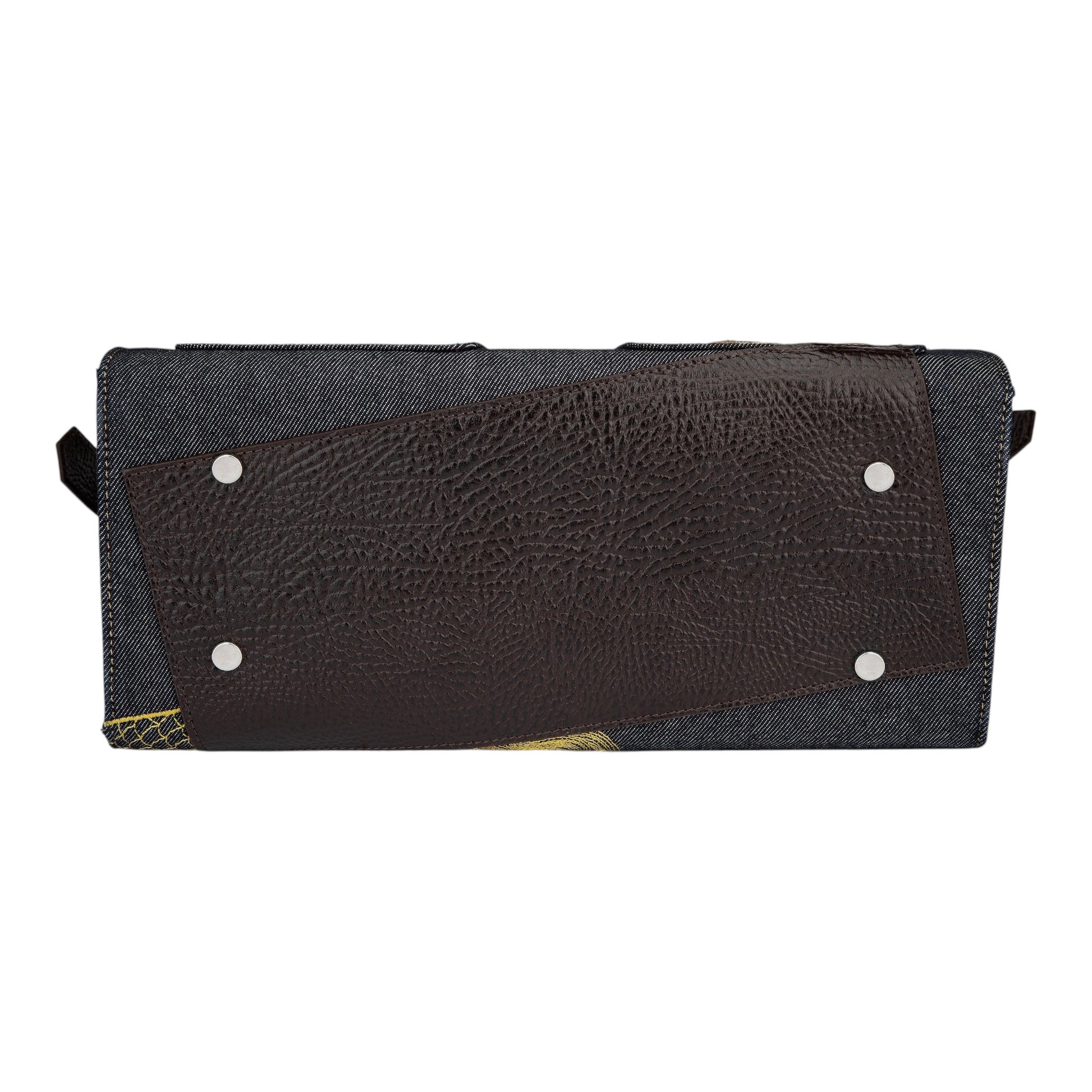 OFFCODE.USA yakuza v2 indigo raw denim handbag with brown genuine leather base and silver metal feet.