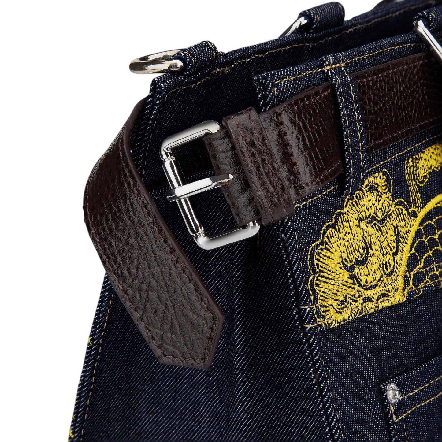 OFFCODE.USA yakuza v2 indigo raw denim handbag with brown leather belt detail, silver buckle, and yellow embroidery.