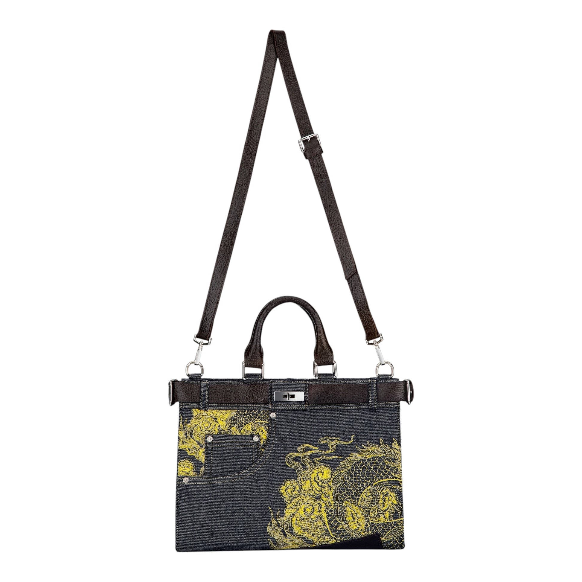 OFFCODE.USA yakuza v2 indigo raw denim handbag with yellow dragon embroidery, leather strap, and functional belt detail.