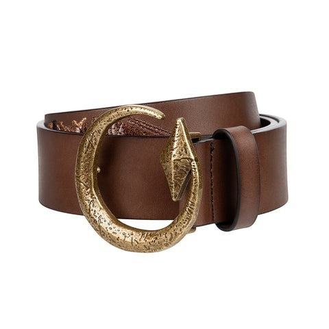 OFFCODE.USA Yasmin v3 light brown full-grain leather belt with ornate metal buckle and embroidered detail.
