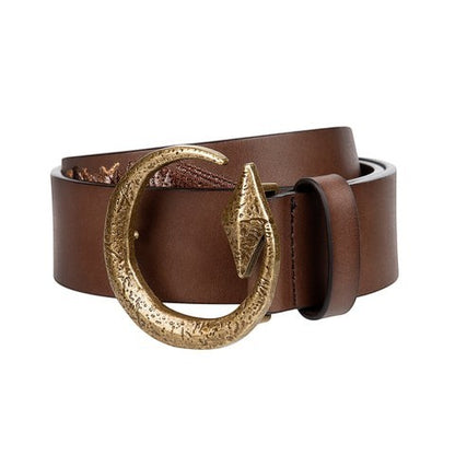 OFFCODE.USA Yasmin v3 light brown full-grain leather belt with ornate metal buckle and embroidered detail.