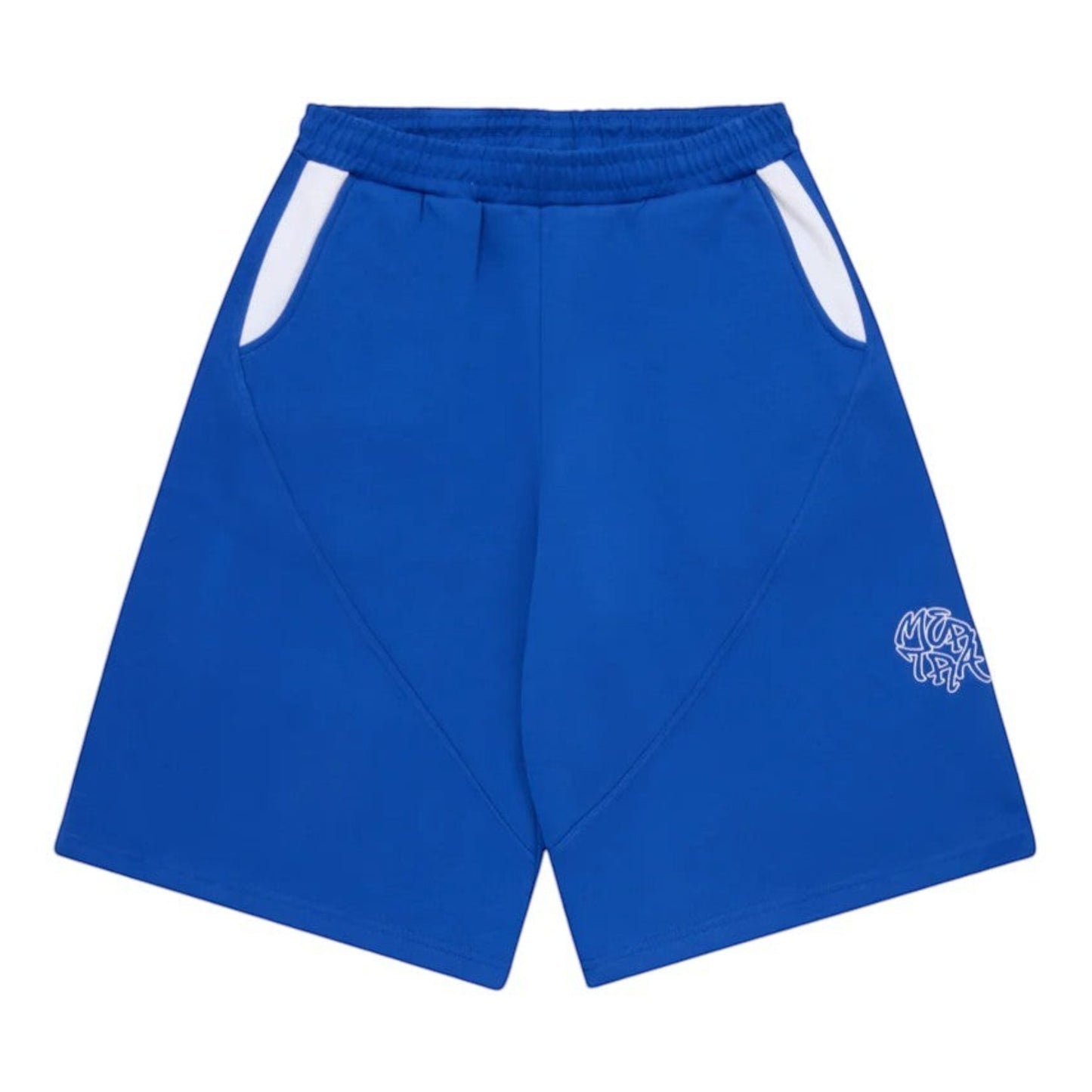 OFFCODE.USA Bigstep Shorts in royal blue with white paneling and embroidered graphics. Wide leg fit, cotton poly blend.