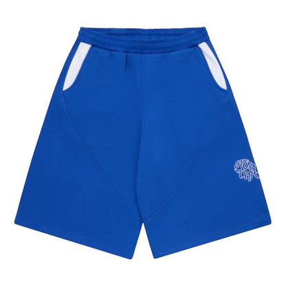 OFFCODE.USA Bigstep Shorts in royal blue with white paneling and embroidered graphics. Wide leg fit, cotton poly blend.