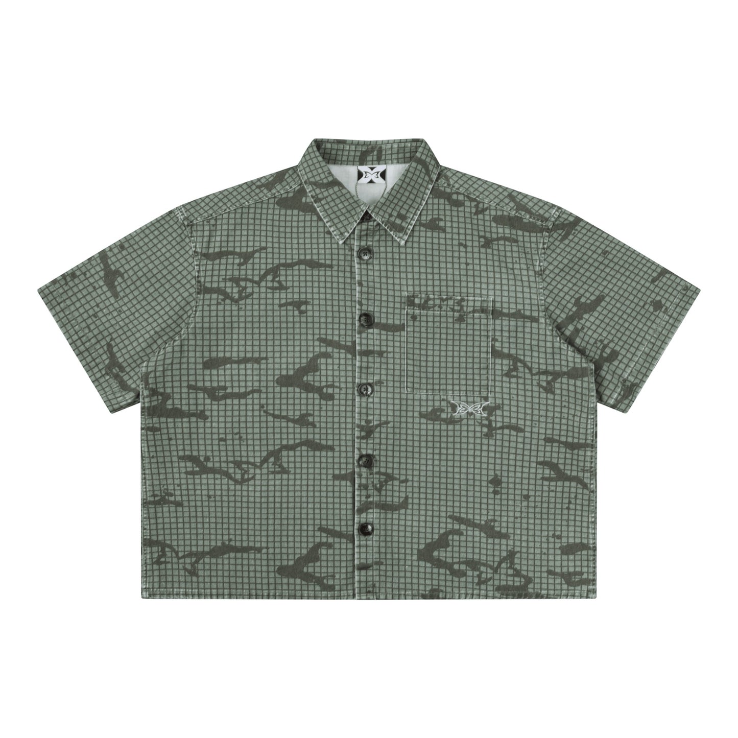 OFFCODE.USA green cotton grid camo print short sleeve shirt with embroidered logos and tortoise shell buttons.