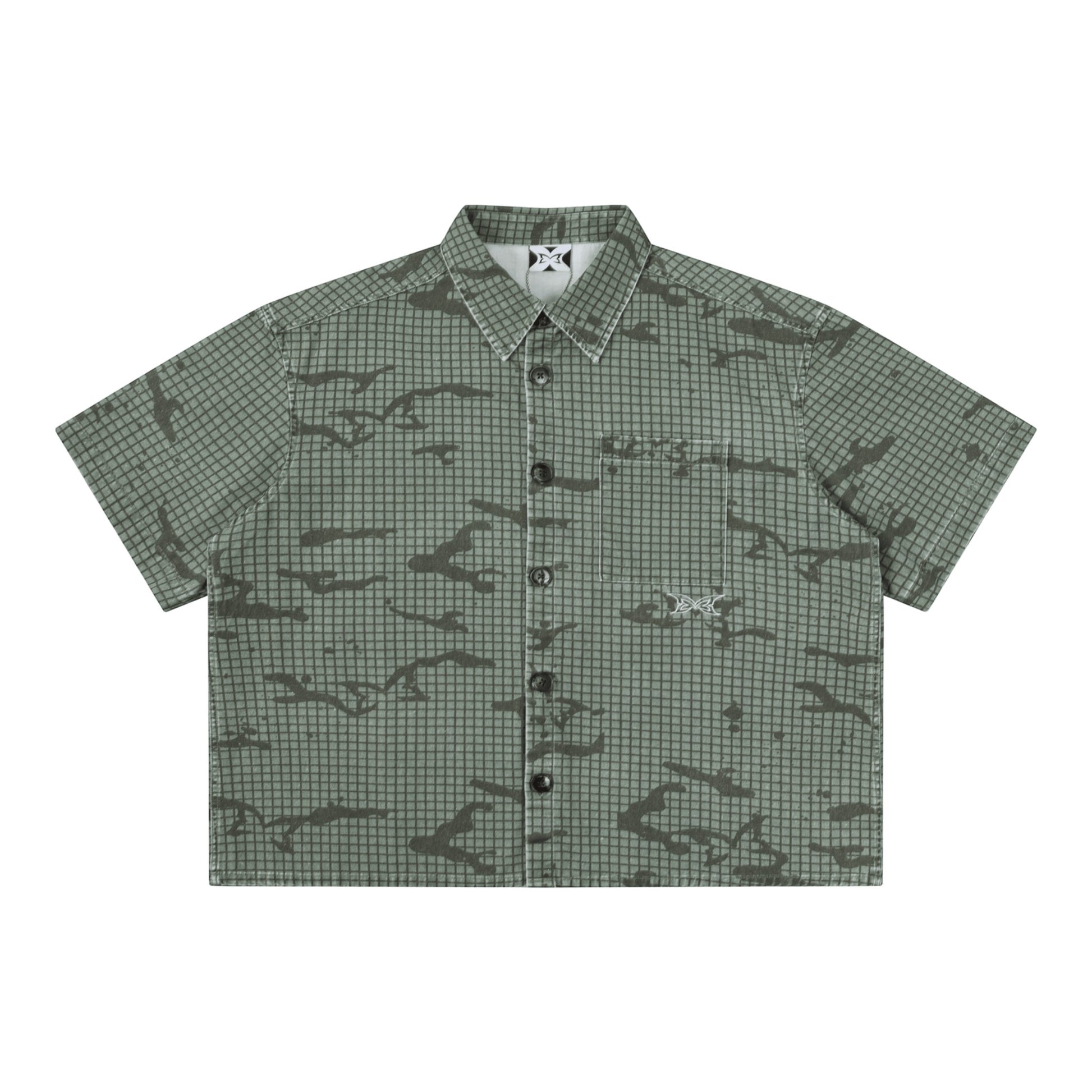 OFFCODE.USA green cotton grid camo print short sleeve shirt with embroidered logos and tortoise shell buttons.
