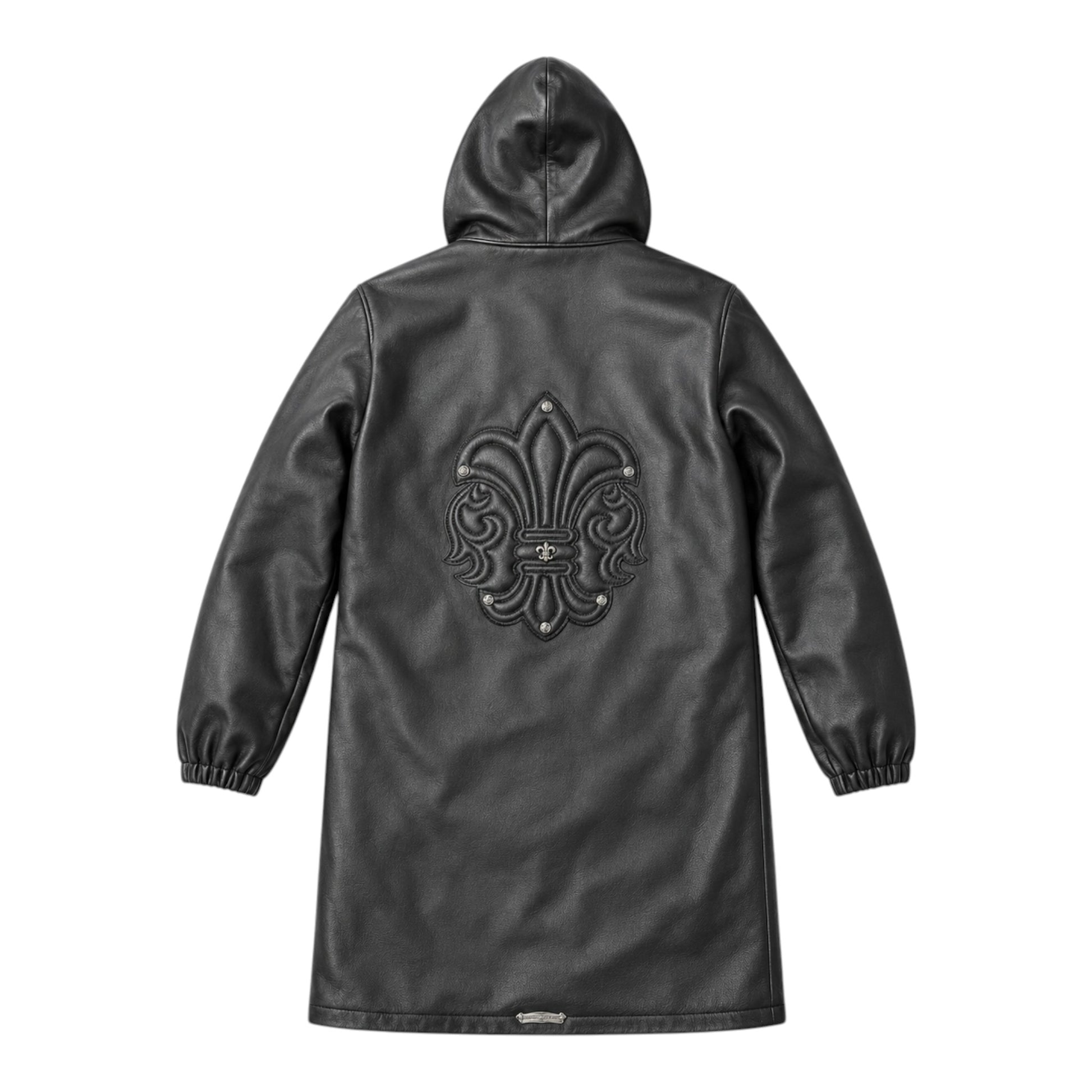 OFFCODE.USA Chrome Hearts FW24 black leather trench coat with back fleur de lis embroidery and silver hardware.