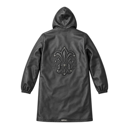 OFFCODE.USA Chrome Hearts FW24 black leather trench coat with back fleur de lis embroidery and silver hardware.