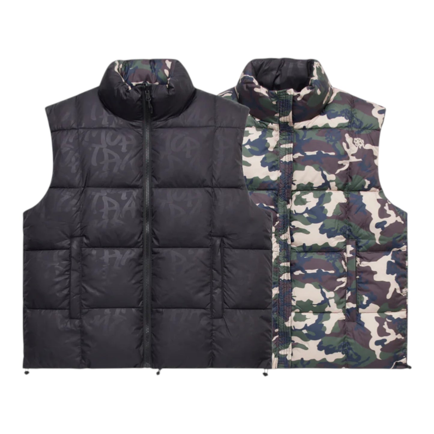 OFFCODE.USA reversible puffer vest with black monogram on one side and camo print on the other. Nylon and polyester shell with down fill.