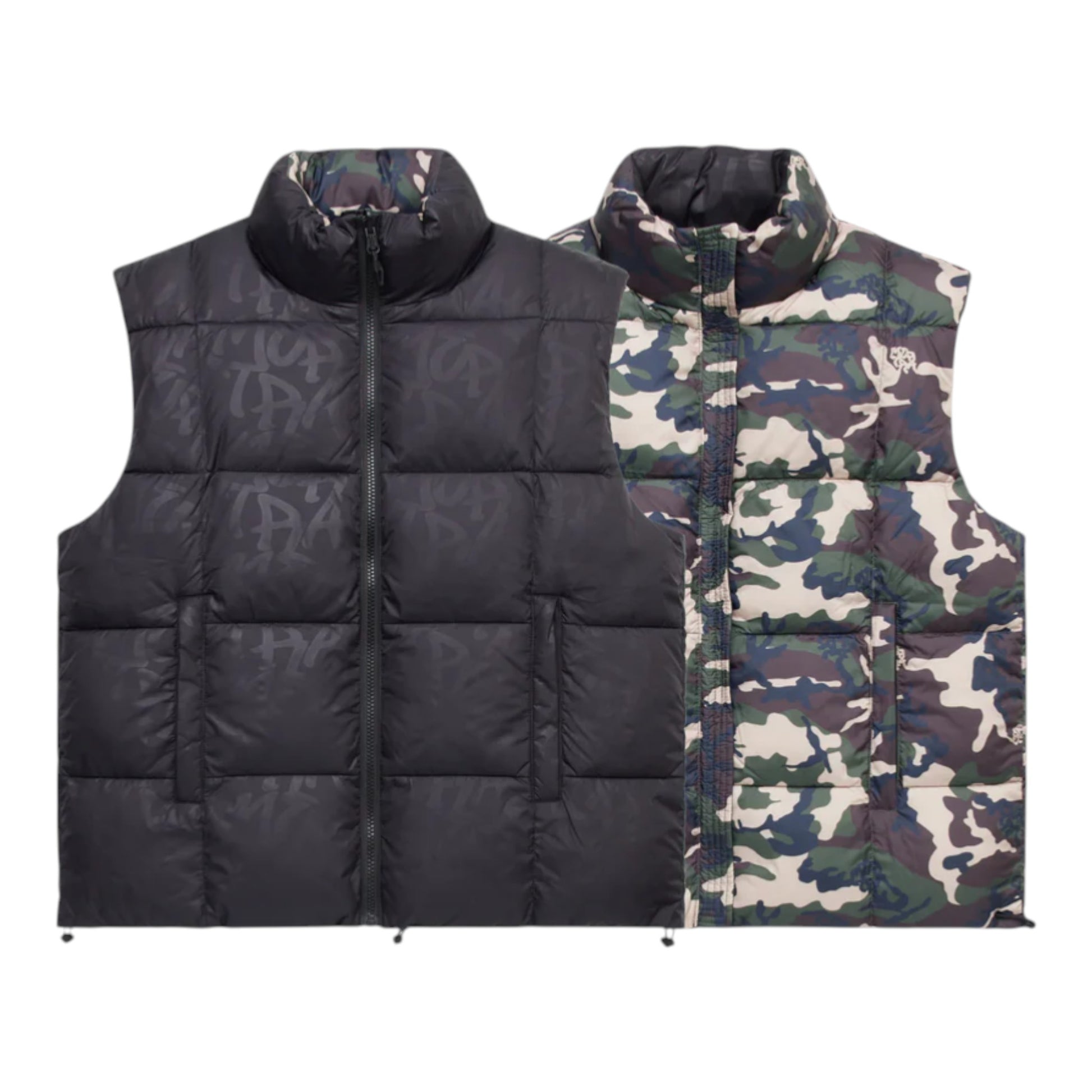 OFFCODE.USA reversible puffer vest with black monogram on one side and camo print on the other. Nylon and polyester shell with down fill.