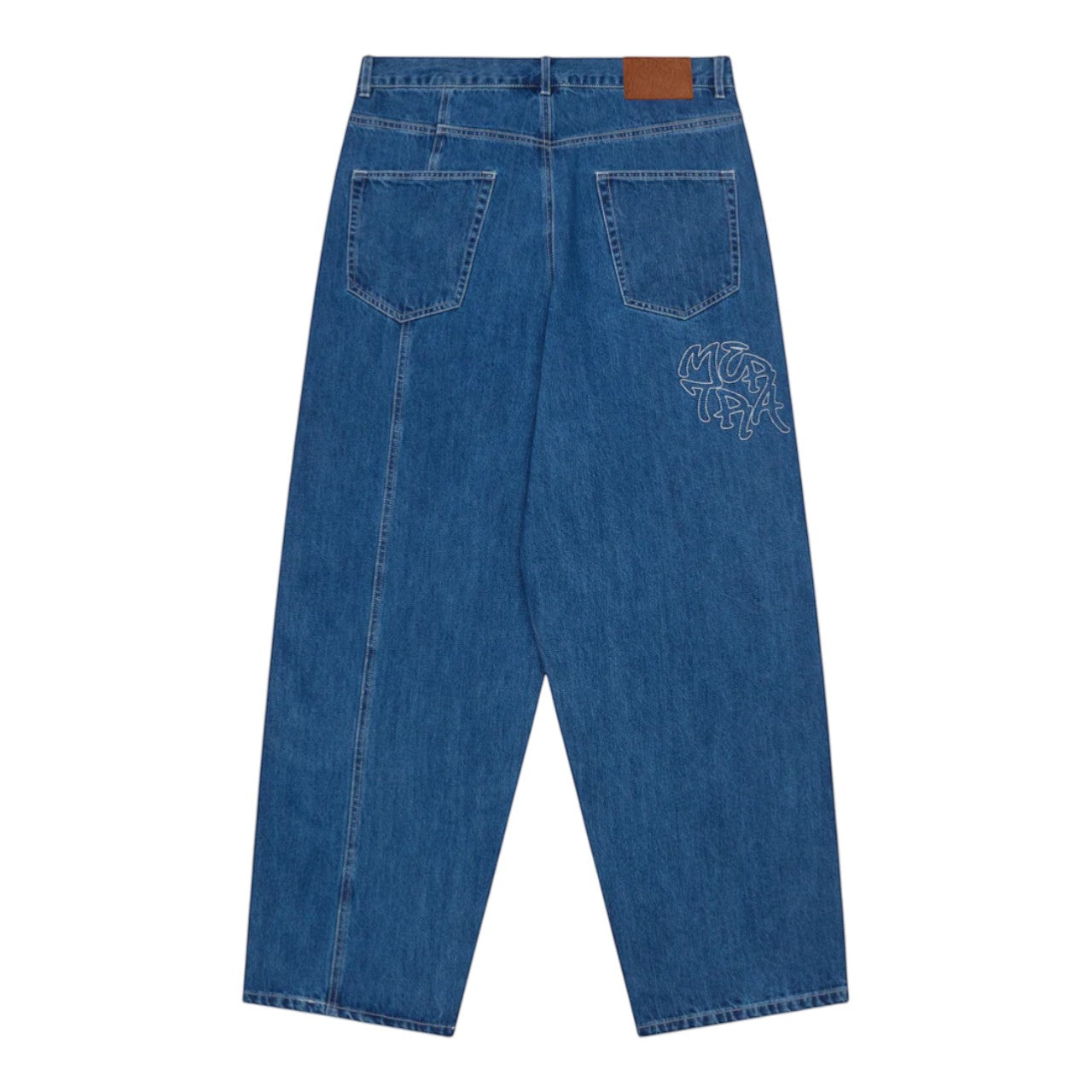 OFFCODE.USA Bigstep Denim blue jeans with baggy wide leg fit, rice embroidered graphics, signature panelling, and leather tab.