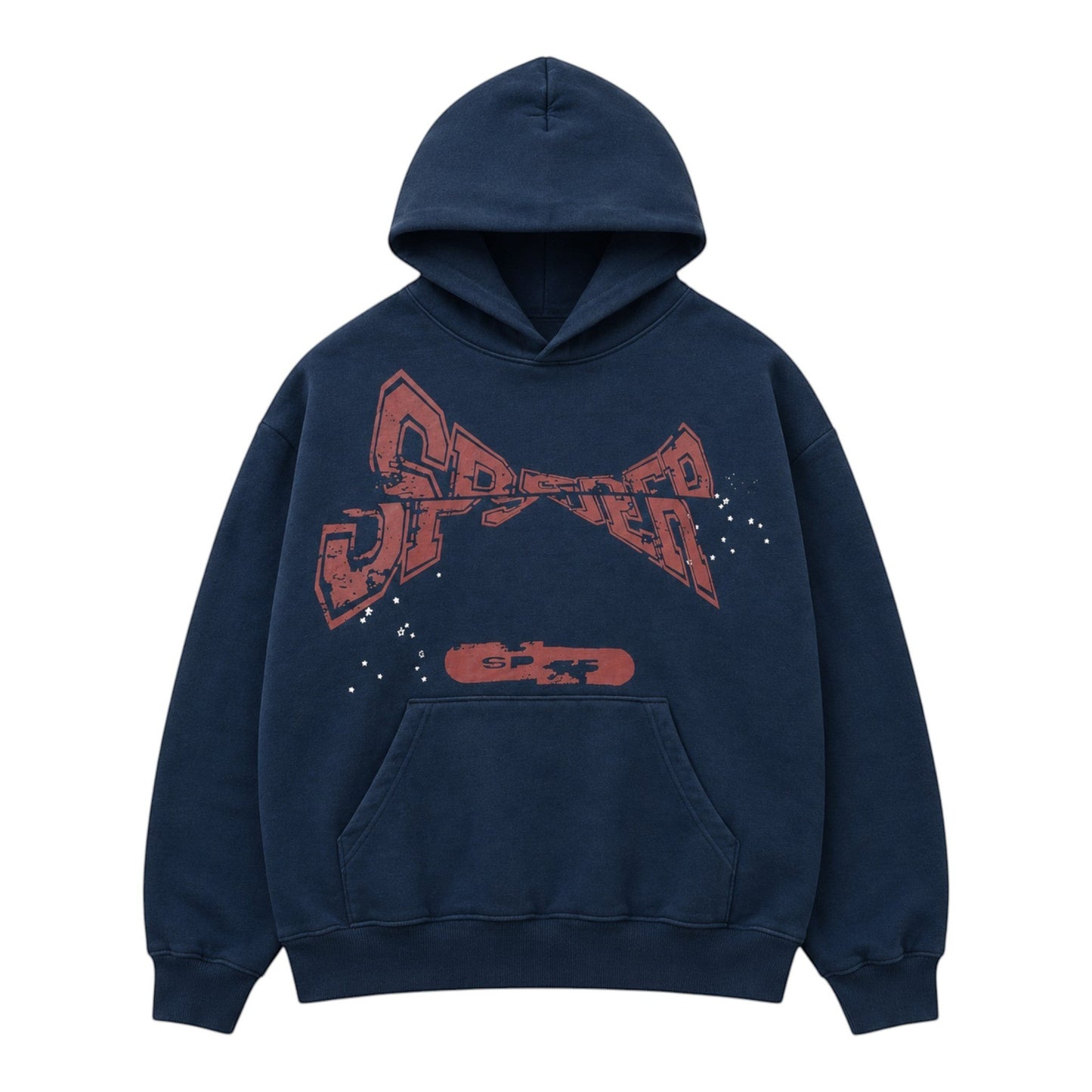 OFFCODE.USA navy blue cotton blend hooded sweatshirt with distressed red graphic print and front pocket.