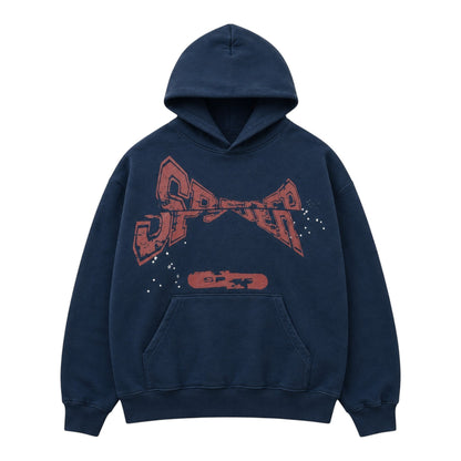 OFFCODE.USA navy blue cotton blend hooded sweatshirt with distressed red graphic print and front pocket.