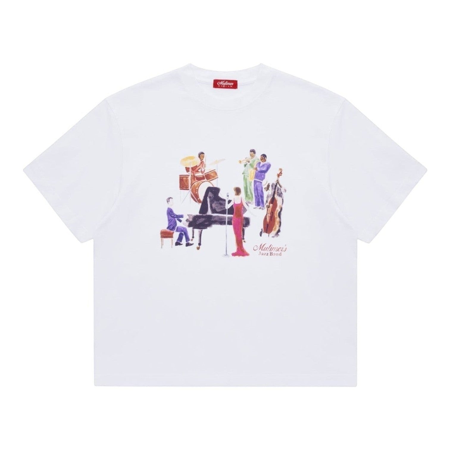 OFFCODE.USA white cotton t-shirt with a watercolor-style graphic of a jazz band playing piano, drums, bass, saxophone, and singing.