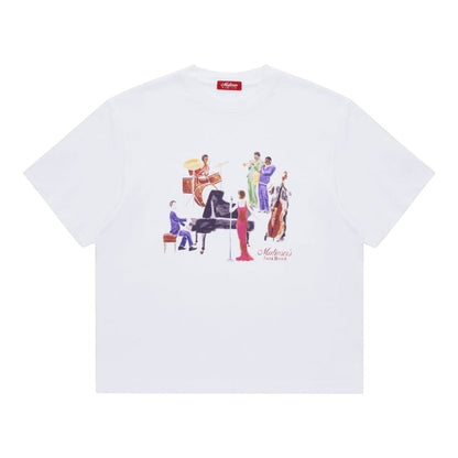 OFFCODE.USA white cotton t-shirt with a watercolor-style graphic of a jazz band playing piano, drums, bass, saxophone, and singing.