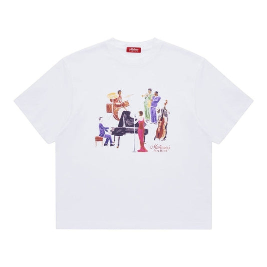 OFFCODE.USA white cotton t-shirt with a watercolor-style graphic of a jazz band playing piano, drums, bass, saxophone, and singing.